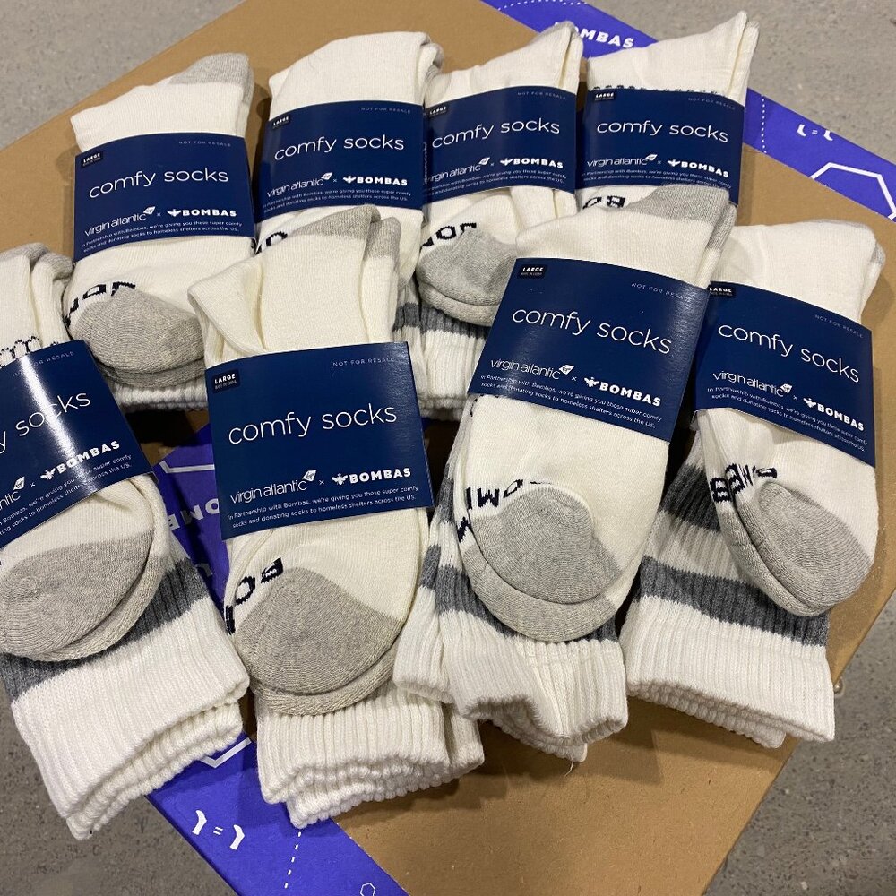 [8 Pairs] BNWT BOMBAS x Virgin Atlantic Vintage Stripe Calf Sock - White/Grey